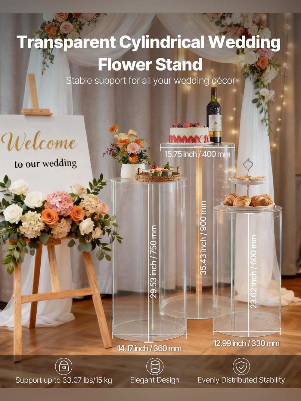 3 Pcs Round Cylinder Pedestal Stand For Wedding Party Display Stand Decor, Clear